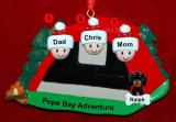 Family Camping Christmas Ornament Adventure for 3 with 1 Dog, Cat, Pets Custom Add-ons Personalized by RussellRhodes.com