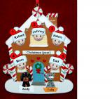 Family of 5 Gingerbread House Christmas Ornament with 2 Dogs, Cats, Pets Custom Add-ons Personalized by RussellRhodes.com