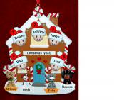Family of 5 Gingerbread House Christmas Ornament with 4 Dogs, Cats, Pets Custom Add-ons Personalized by RussellRhodes.com