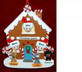 Family of 3 Gingerbread House Christmas Ornament with 3 Dogs, Cats, Pets Custom Add-ons Personalized by RussellRhodes.com