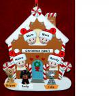 Family of 4 Gingerbread House Christmas Ornament with 3 Dogs, Cats, Pets Custom Add-ons Personalized by RussellRhodes.com